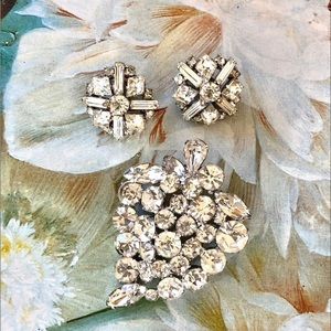 Vintage Clear Crystal Deco Earrings & Cluster Brooch